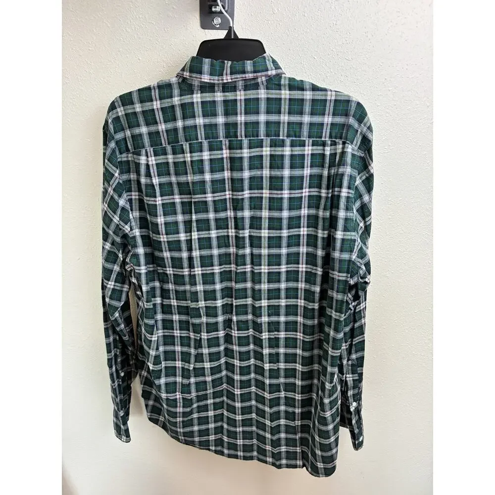 J. CREW Green Plaid Oxford Mens L 100% Heathered Cotton